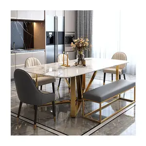 Moderne luxuriöse goldene edelstahl-esstisch mit marmorplatte für esszimmer möbel esstisch-set mesas restaurante