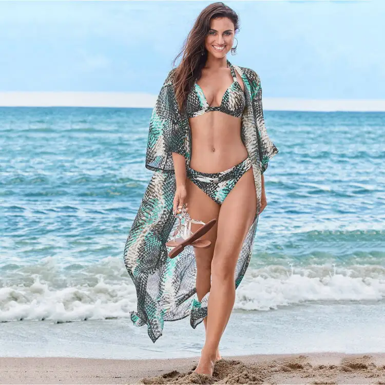 Kimono plaj toptan Playa yılan desen uzun yaz Playa kadınlar çiçek açık hırka plaj Kimono Bikini Cover