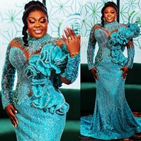 Robe de Soirée de Luxe Grande Taille Vert Chasseur Coupe Sirène Robes de Bal Manches Longues pour Fête, Deuxième Réception, Anniversaire, Fiançailles