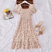 Robe Courte Florale Rétro Française 2026 pour Femme, Col Carré, Taille Haute, Manches Bouffantes, Style Doux pour le Printemps