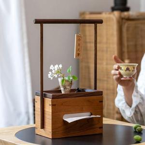 กล่องกระดาษทิชชูไม้เนื้อแข็งสองด้านพร้อมที่จับสไตล์จีนใหม่ตกแต่งบ้านเครื่องประดับโต๊ะน้ำชาแบบตั้งพื้น - Product Image 2