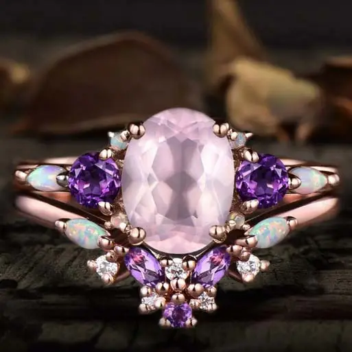 Conjunto de anel de noivado de quartzo rosa natural com corte oval, conjunto exclusivo de anel de noiva com pedras preciosas rosa e opala de ametista roxa