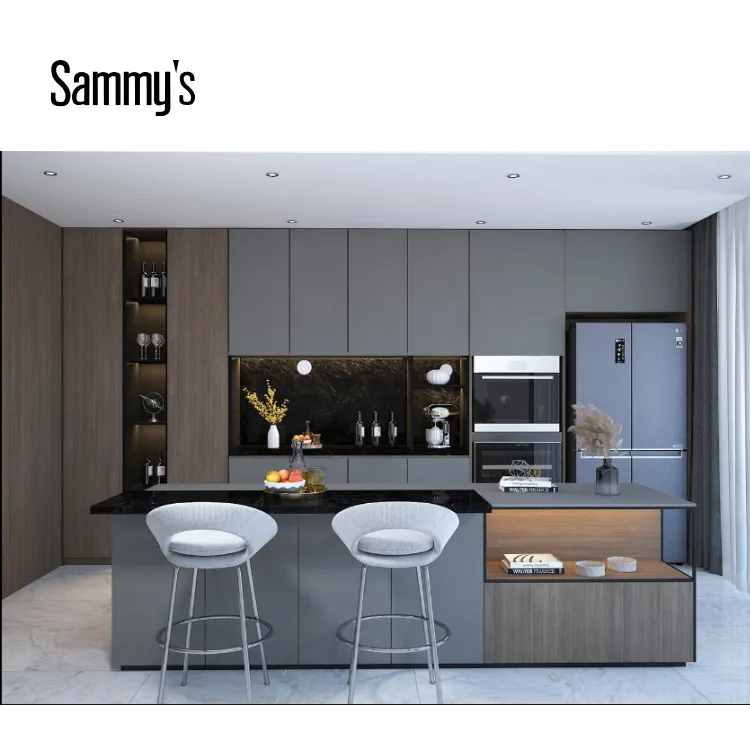 High-end latest solid wood veneer modular kitchen designs