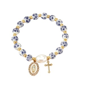 Braccialetto Rosario con Perle in Porcellana Blu e Bianca, Croce della Vergine Maria, Gioielli Religiosi per Preghiera - Product Image 5