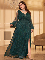 Robe de soirée élégante vert émeraude à col en V, manches longues, taille haute, paillettes scintillantes, fente latérale, pour femme grande taille, idéale pour les mariages et l'été