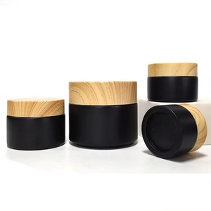 High End Wholesale 5g 10g 15g 20g 30g 50g 100g Face Cream <b>Container</b> Black Frosted Glass Jar with Plastic Bamboo Lid - Product Image 1