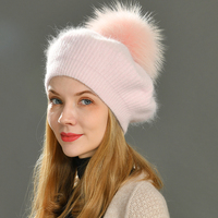Nouveauté 2022 : Bérets pour adultes avec pompon en fourrure de raton laveur véritable détachable, bérets élégants pour femmes, bérets en tricot chauds
