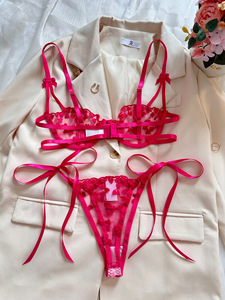 Wholesale Heart Embroidery Lace Lingerie <b>Set</b> <b>Sexy</b> Sheer Mesh Womens Intimates Underwire Bra and Tie Side Thong Panties <b>Set</b> - Product Image 3