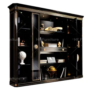 European luxury large bookcase classic style black color bookcases antique wood office furniture