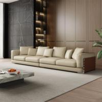 Canapé-lit carré trois places en cuir véritable italien, beige, minimaliste, haut de gamme, dossier bas, confortable, avec surpiqûres apparentes, pour la maison