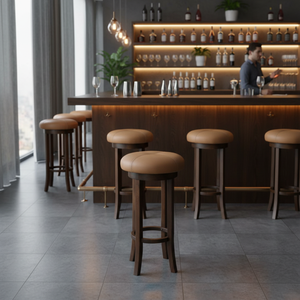 Stylish Round <b>Seat</b> Wooden Bar <b>Stool</b> with Comfortable Upholstery and Laser Stitch Design for Home and Hospitality - Product Image 3