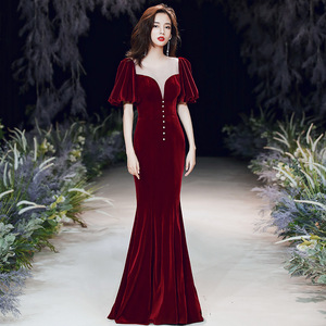 Women's Evening Gown Mermaid Long <b>Wine</b> Red <b>Velvet</b> <b>Dress</b> Sweetheart Neckline Natural Waistline Banquet Wedding Toasting <b>Dress</b> - Product Image 3