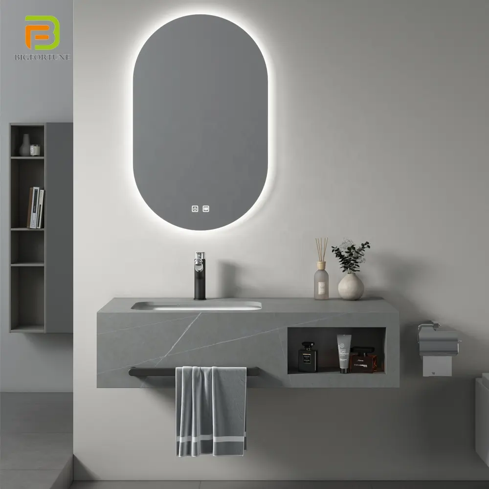 Novo Design Wall Mount Flutuante Mármore Lavatório Banheiro Vanity Sink Gabinete Com Espelho Led