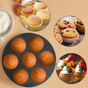 Molde de silicona redondo de 7 cavidades para hornear cupcakes y tartaletas, reutilizable, apto para freír al aire, juego de utensilios de silicona para hornear para horno y nevera. - Product Image 4