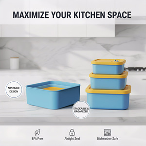 ISSILI Square Silicone <b>Kids</b> Lunch <b>Box</b> Set with Lid, 3-Piece Bento <b>Box</b>, Food <b>Storage</b> Container & Breakfast <b>Box</b>, Drop-Proof and Le - Product Image 3