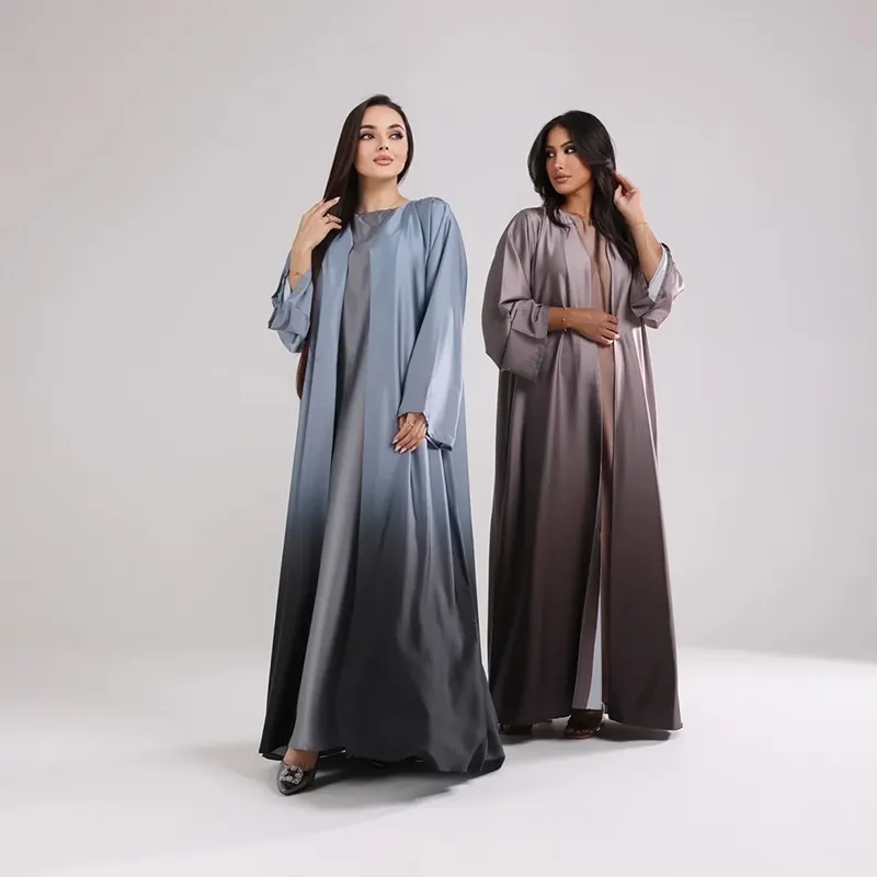 2024 eid nuovo design muslim ombre abaya aperto all'ingrosso colore personalizzato anteriore aperto ombre gradiente abaya con hijab