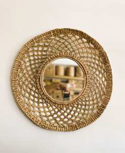 Miroir mural artisanal en jacinthe d'eau, 58 cm, grand format, tressé, motif floral soleil, miroir décoratif pour maison bohème - Product Image 4