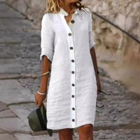 Robe longue décontractée en lin et coton pour femme, col chemise, manches mi-longues, grands boutons, style européen et américain, tenue d'été pour femme