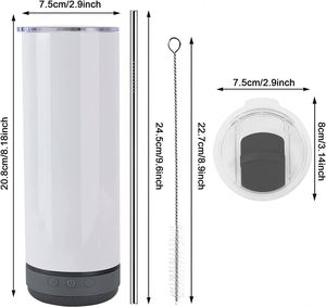 Venta al por mayor de fábrica: Vasos rectos de acero inoxidable de 20 oz, delgados, para sublimación, con altavoz Bluetooth para reproducir música - Product Image 2