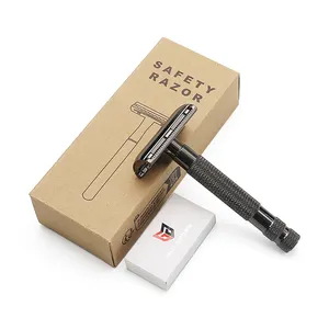Nueva maquinilla de afeitar de seguridad con mango de metal y aluminio de doble filo con logotipo personalizado con caja de embalaje