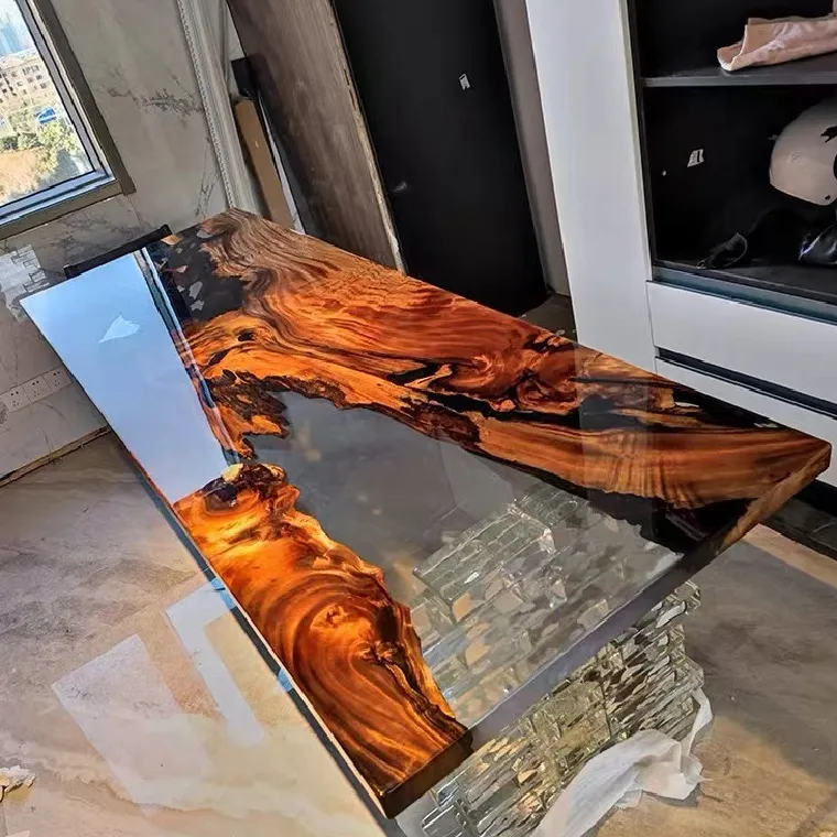 Luxury transparent Art Modern River Lake Sea wave Wood Furniture Epoxy Resin Dining Table