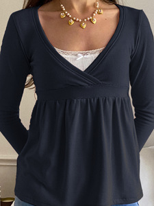 Top Estivo da Ragazza con Colletto Incrociato Lavorato a Maglia, Maniche Lunghe Plissettate, Nuovo Stile Dolce, <span class=keywords><strong>T</strong></span>-<span class=keywords><strong>shirt</strong></span> Larga con Fiocco in Pizzo - Product Image 2