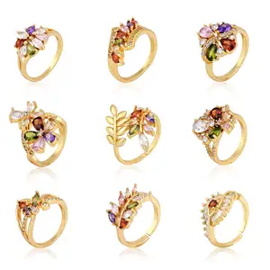 2024最新设计批发时尚饰品18k镀金戒指高品质彩色锆石戒指