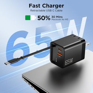 Cargador de Pared GaN de 65W con Cable Tipo C Retráctil Personalizado OEM para MacBook, <span class=keywords><strong>iPhone</strong></span> y Samsung - Product Image 2