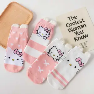 Kaus kaki HY-1759, kaus kaki pendek gambar hewan Hello Cat Boat lucu tidak terlihat, kaus kaki kartun kucing untuk perempuan