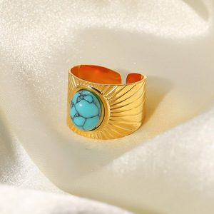 Turquoise Ribbed Wide Facet <b>Open</b> <b>Ring</b> 18K Gold Plated Geometric Design Unisex Jewelry Party Accessory - Product Image 4