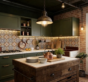 Juego de Muebles de Cocina Rústico-Industrial Verde Musgo - Isla Reciclada y Detalles en Cobre, Elegante Centro Multifuncional para Hogares de Diseño Urbano - Product Image 5