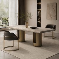 Table à manger rectangulaire de luxe en marbre artificiel durable, base double en acier au carbone, design moderne pour usage extérieur/intérieur, hôtels