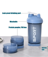 Bouteille de shaker sportive en plastique sans BPA de 500 ml avec logo personnalisé, 3 en 1, avec organisateur de pilules et compartiment pour protéines