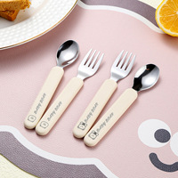 Vaisselle pour enfants en acier inoxydable avec manche plat en silicone, cuillère et fourchette, boîte de complément alimentaire pour bébé, couleur contrastée, vente en gros
