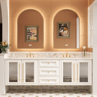 Meuble-lavabo mural de style moderne et luxueux, minimaliste nordique, avec vasque en céramique et armoire en bois massif