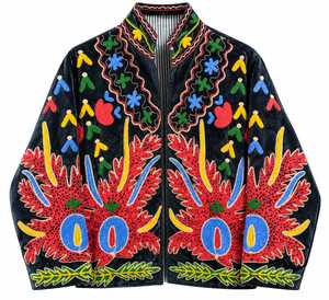 Luxury Navy Blue <b>Velvet</b> Solid Thick Winter Bomber <b>Jacket</b> <b>Women</b> Handmade Bohemian Ethnic Long Sleeve V-neck Breathable Quick Dry - Product Image 4