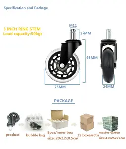 Modern 3-Inch Transparent Casters Black PU Wheel With Ring Stem 5pcs Set For Office Chairs For Bedroom Bathroom Use