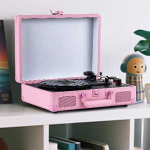 Tourne-disque portable vintage 3 vitesses en forme de valise <span class=keywords><strong>rose</strong></span> avec sortie RCA, entrée AUX et haut-parleurs stéréo intégrés - Product Image 6