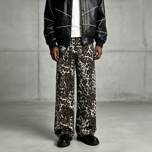 Vintage Leopard Pattern Oversized Baggy Denim <b>Pants</b> with Classic Front Pockets for <b>Y2K</b> Urban Trendy Daily Streetwear Look - Product Image 1