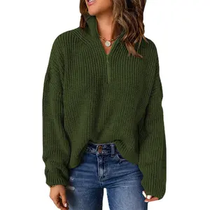 Женские свитера с длинным рукавом, 1/4 пуловер на молнии, поло с V-образным вырезом, повседневные топы