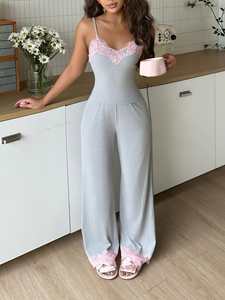 Top personalizzato in <span class=keywords><strong>pizzo</strong></span> Cami con pantaloni lunghi Lounge pigiami in <span class=keywords><strong>cotone</strong></span> <span class=keywords><strong>pigiama</strong></span> pigiami in bambù da donna - Product Image 5