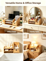 Organisateur de rangement en bambou naturel avec 2 tiroirs, boîte de rangement de bureau multi-usages pour cosmétiques, papeterie, thé