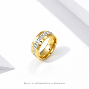 Anillo de doble fila de circonitas, de acero inoxidable, chapado al vacío en oro de 14K, anillo ancho esculpido, joyería - Product Image 1