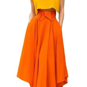 Hot Sale Summer Sold Color Elegant Belt Big Hem High Waist Large Swing Women's Clothing Bow Office Skirts