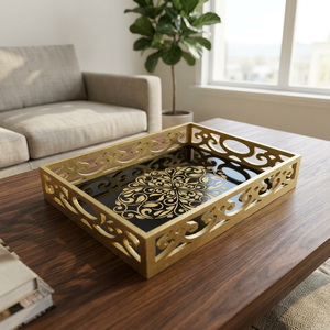 Elegant Eco-Friendly Wooden Serving Tray Handles Decorative Handicrafts Durable Large Rectangular Floral Household Restaurant - Product Image 1