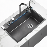 Évier de cuisine multifonction intelligent en acier inoxydable 304 à cuve unique, à montage sous plan, fait main, avec robinet cascade au design moderne - NOUVEAU