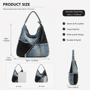 Bolso de hombro de mezclilla para mujer, bolso casual tipo hobo, bolso tote con cremallera de gran capacidad, bolso de moda azul con patchwork para llevar bajo el brazo - Product Image 6