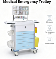 Hospital Emergency Cart with Drawers, Sharps Box, Trash Can, and Medicine Storage Box.