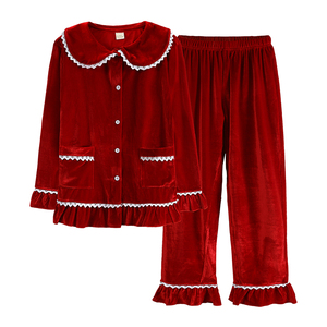Pigiami Natalizi Coordinati in Velluto per Famiglia, Set Due Pezzi <span class=keywords><strong>con</strong></span> <span class=keywords><strong>Bottoni</strong></span> per Bambini e Donne, Abbigliamento Invernale - Product Image 1