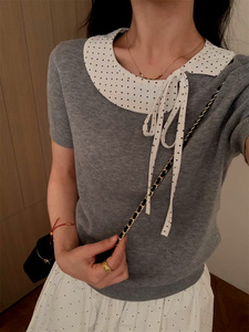 Chemisier en dentelle à manches courtes pour <span class=keywords><strong>femme</strong></span>, style vintage, col rond uni, avec nœud sur le devant, chemise décontractée d'été, haut tissé respirant pour <span class=keywords><strong>femme</strong></span> - Product Image 3